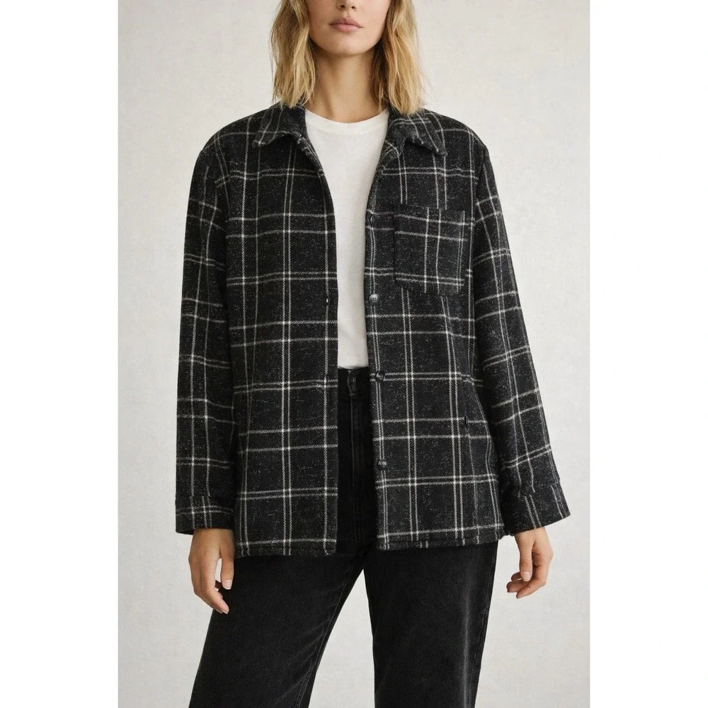Esprit Black White Plaid Wool Blend‎ Oversized Blazer Jacket L Button